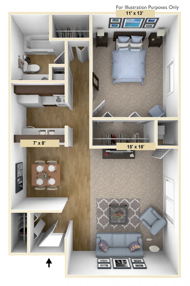 Floor plan for 1 bed, 1 bath, 735 sqft
